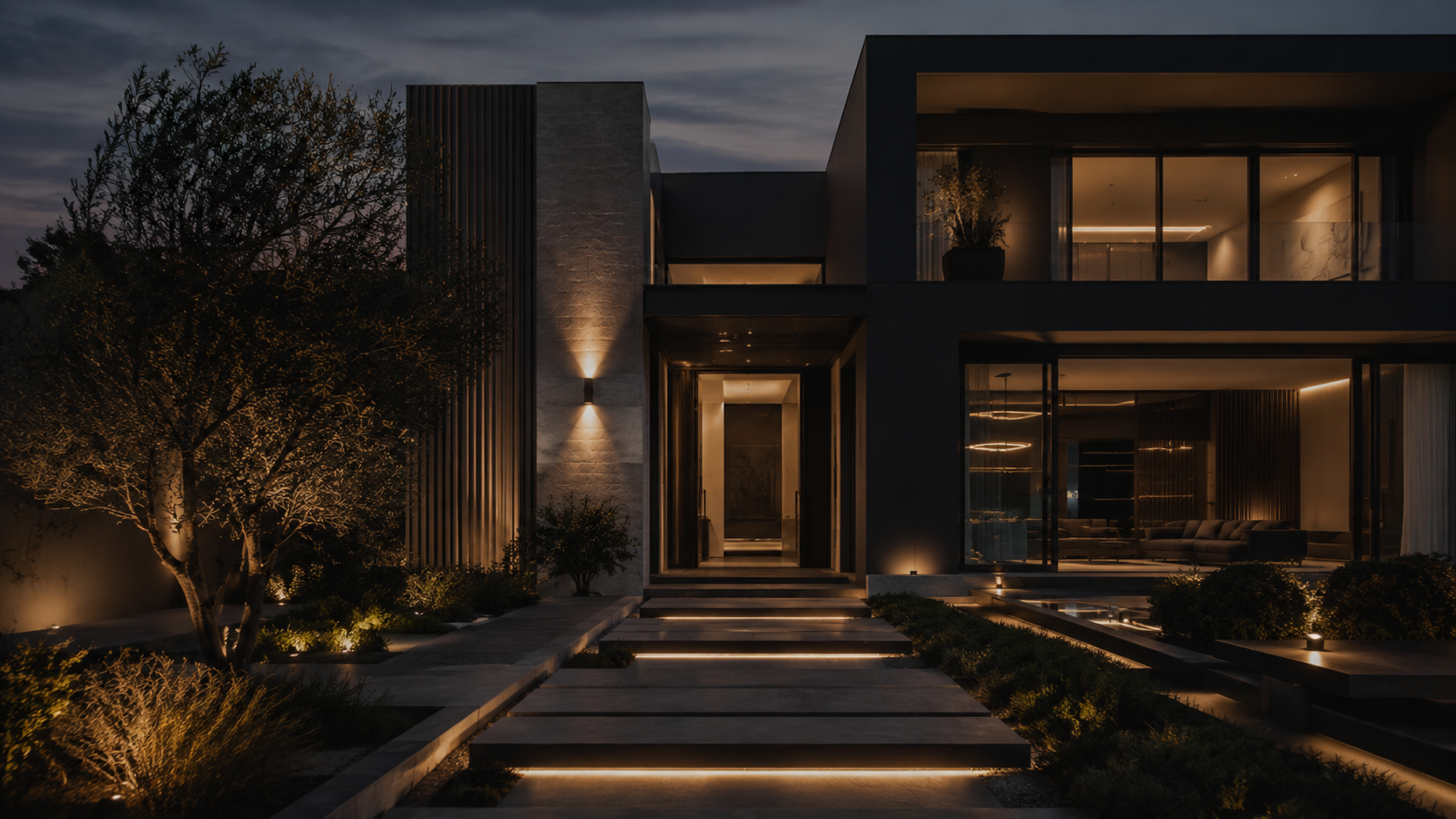 Luxury villa with pool at night